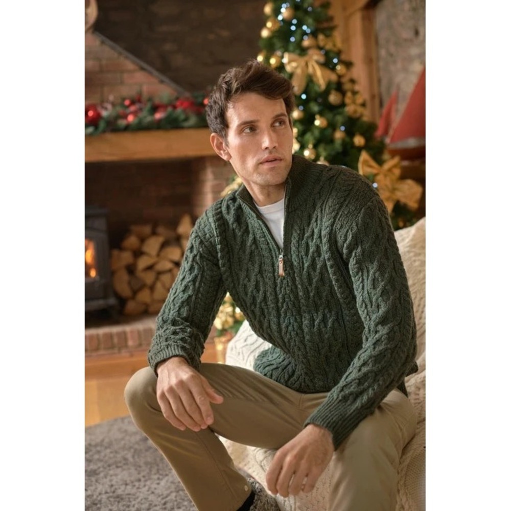 Aran Sweater Market 1/4 Zip Cable Knit Mens L Green Merino Wool Chunky Fisherman